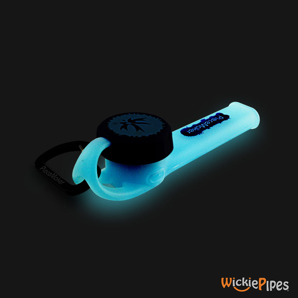 PieceMaker - Karma GO Cyanara Glow-In-The-Dark 4-Inch Silicone Hand Pipe front left with cap on.