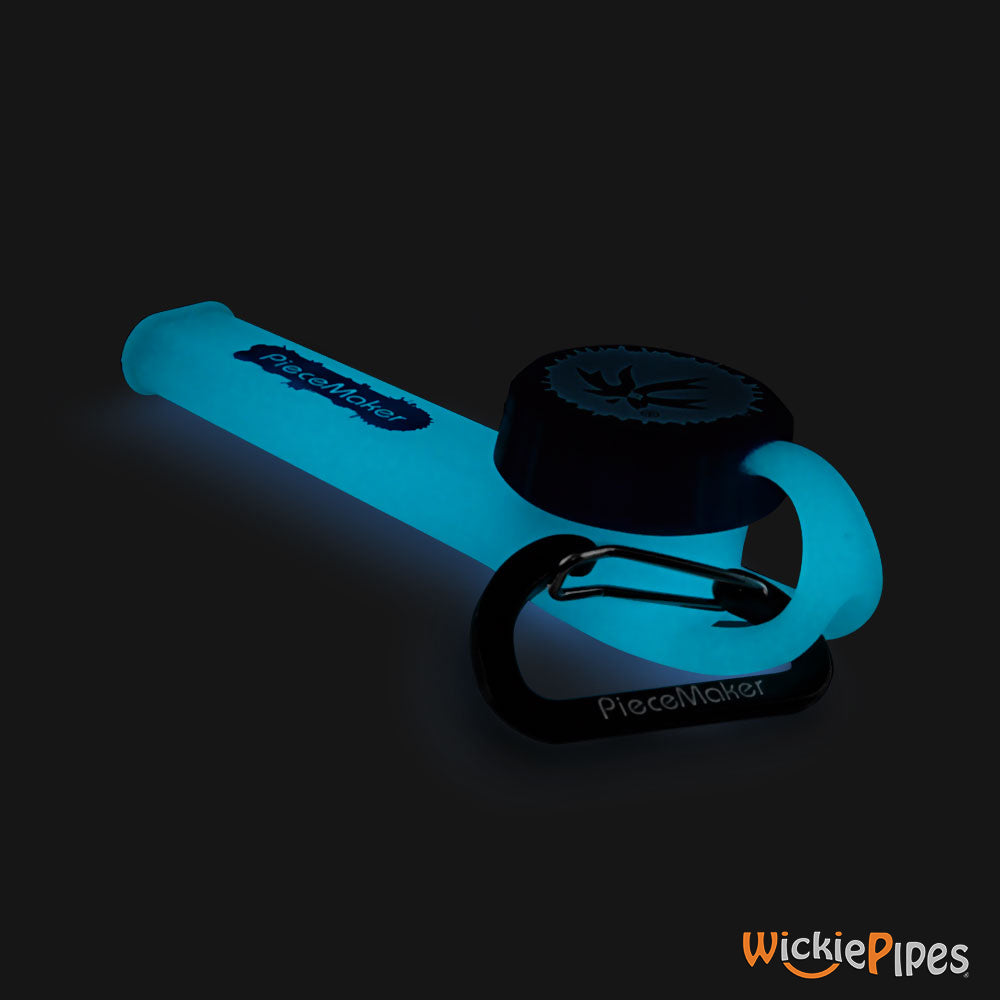 PieceMaker - Karma GO Cyanara Glow-In-The-Dark 4-Inch Silicone Hand Pipe front right with cap on.