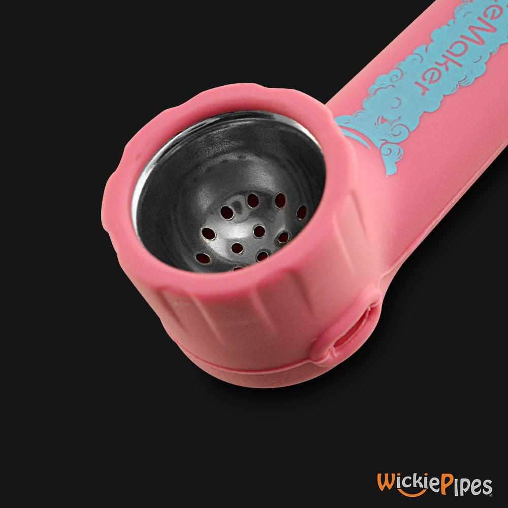 PieceMaker - Karma Pitstop Pink 3.5-Inch Silicone Hand Pipe close up with open bowl.