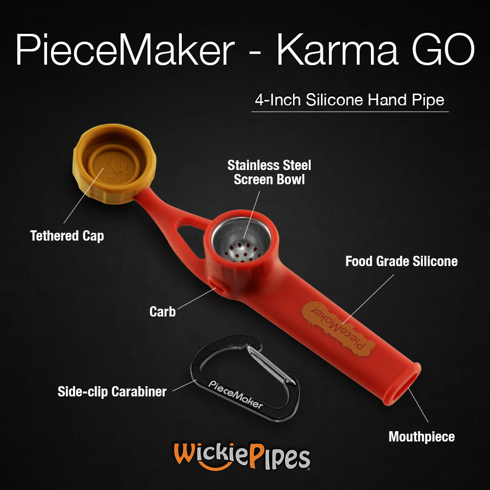 PieceMaker Karma GO 4-inch silicone hand pipe callouts.