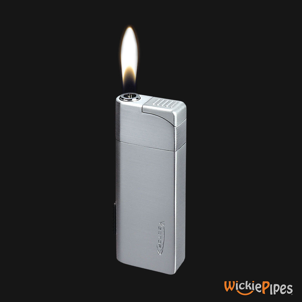 Vector - Optimus Lighter Chrome Satin Flame Lit Side Left - WickiePipes