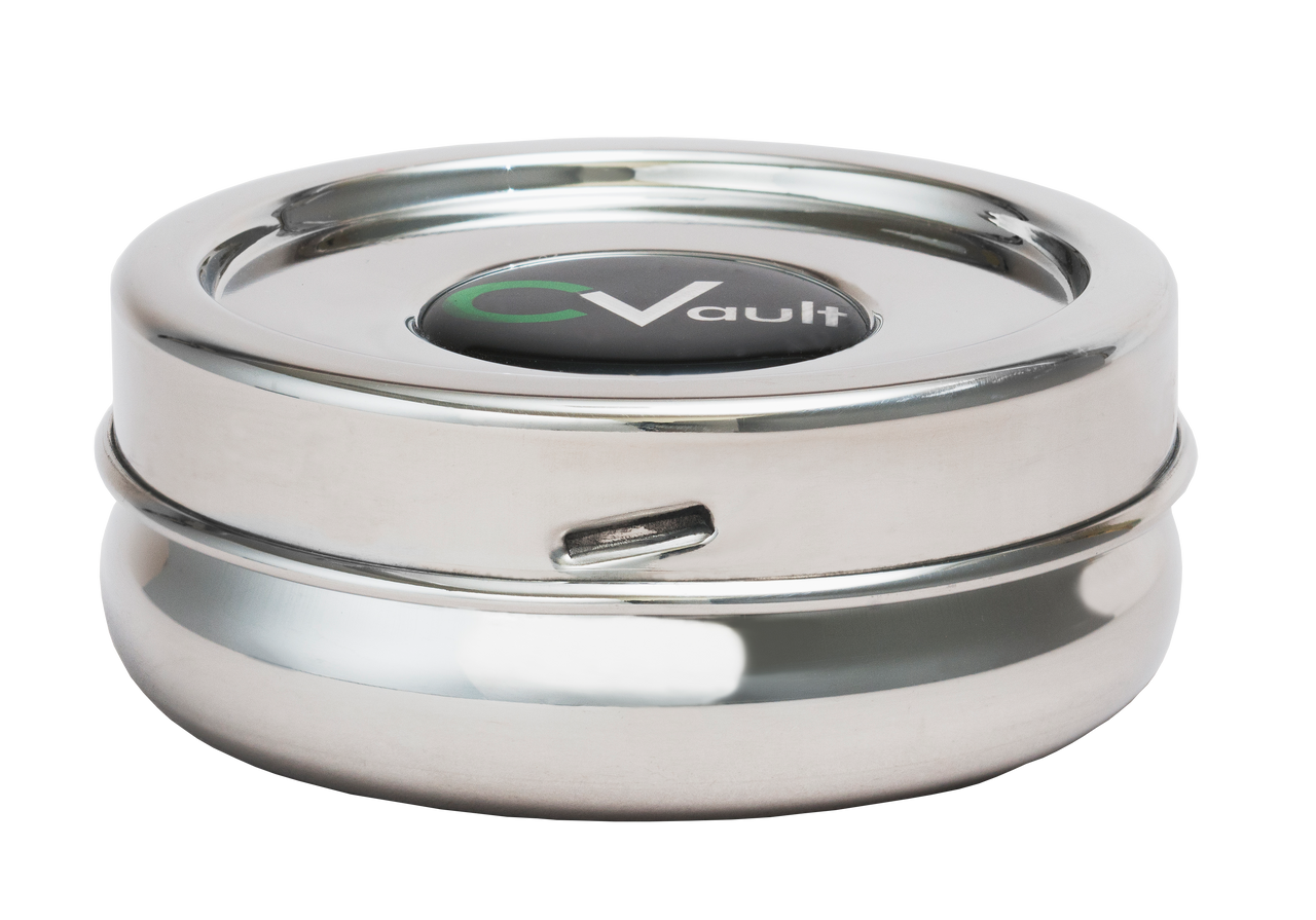 CVault - X-Small 1/4 OZ. Airtight Stainless Steel Storage Container side closed lid.